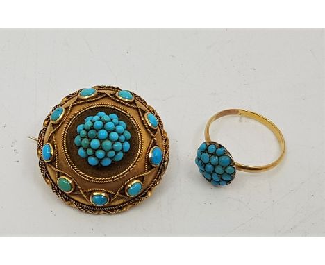 A precious yellow metal and turquoise set mourning brooch, of domed circular form with central cabochon turquoise cluster bor