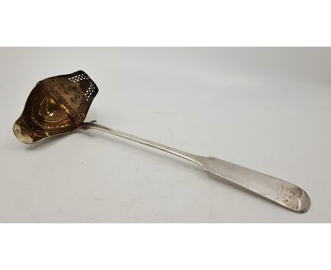 A large Jurst silver plated fiddle pattern ladle, with pierced and hinged sifting cover and gilt washed bowl, length approx. 