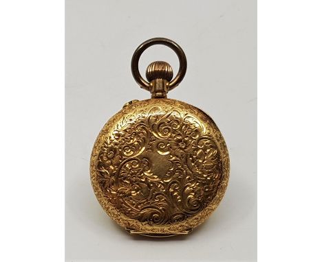 An 18ct. gold ladies' half hunter pocket watch, crown wind, having white enamel Roman numeral dial, 30mm wide Swiss hallmarke