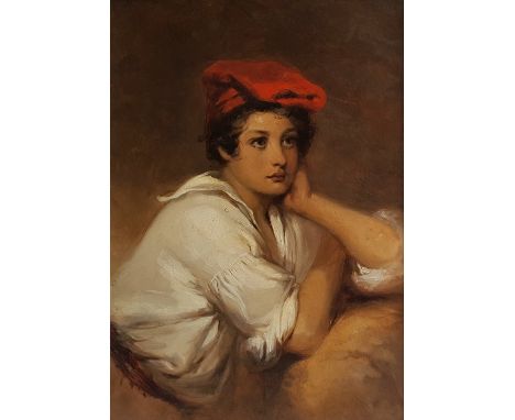Continental School (19th century), a half length portrait of a young woman wearing a red hat, oil on canvas, 37cm x 29.5cm, f