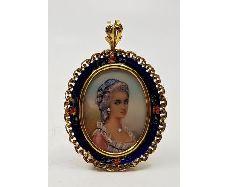 A late 20th century 18ct. gold and enamel portrait miniature pendant/brooch, with portrait miniature to centre within oval en