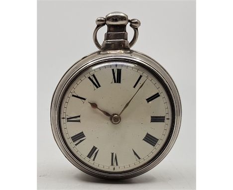 A George IV W Sloggett pair cased silver pocket watch, key wind fusee movement, having white enamel Roman numeral dial, yello