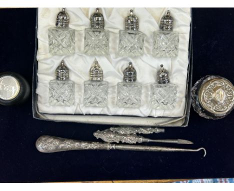 Boxed set of 8 perfume bottles & other items to include gear stick inlaid with silver 