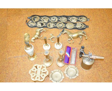 Collection of heavy brass to include a Hohner mouth organ 