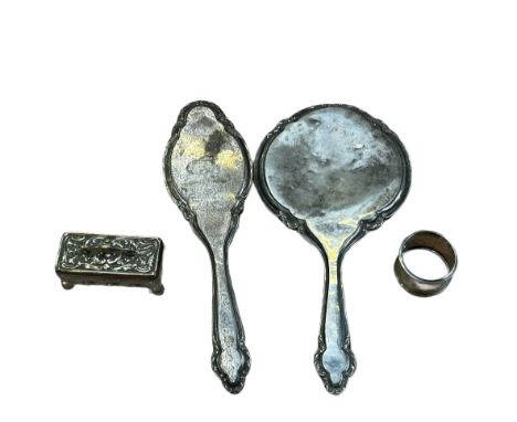 Silver hand mirror, silver hand brush, silver napkin ring & trinket box 