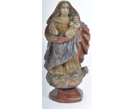 An 19th Century carved oak religious ecclesiastical figurine depicting Mary The Mother / Madonna with the Child Christ. Polyc