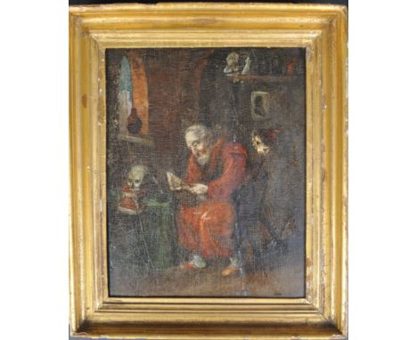 Italian School - An 18th Century oil on board painting study depicting an elderly priest in red robe seated in chair with Mem