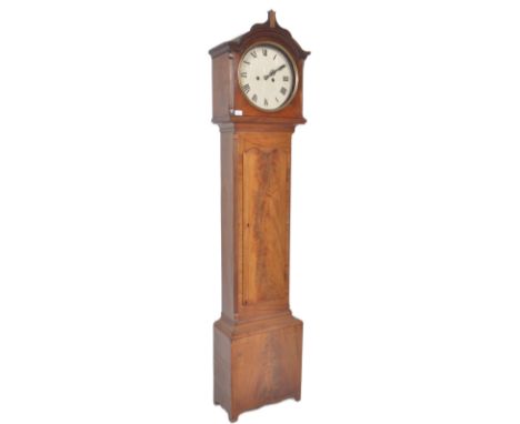 A 19th Century Scottish mahogany cased mahogany longcase grandfather clock. Arched pagoda topped hood with reeded columns fla