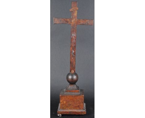 A large 19th Century carved wood religious ecclesiastical altar top Corpus Christi INRI plaque to top with skull &amp; globe 