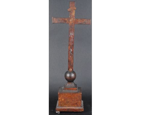 A large 19th Century carved wood religious ecclesiastical altar top Corpus Christi INRI plaque to top with skull &amp; globe 