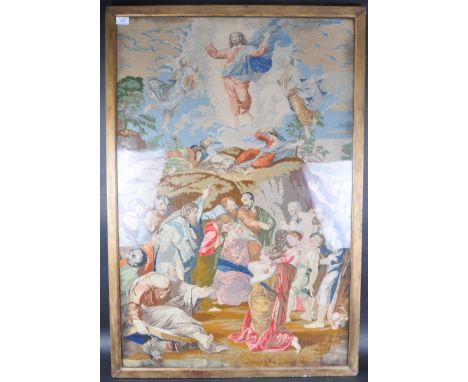 A 19th Century needlepoint tapestry depicting a Ecclesiastical Religious Biblical scene. Depicts Christ ascending from the he