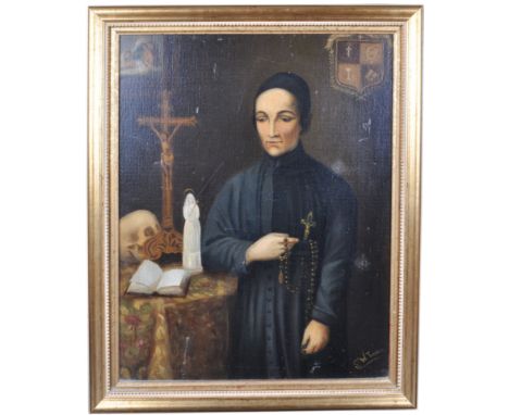 A 19th Century oil on canvas religious ecclesiastical portrait painting picture study depicting a priest in black robe holdin