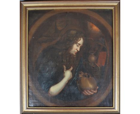 An 18th Century oil on canvas religious ecclesiastical portrait painting study depicting the Penitent Mary Magdalene holding 