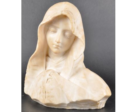 A 19th Century white marble alabaster carved portrait bust depicting Mary The Mother or the Madonna. The figure modelled in s