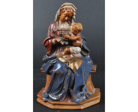 An early - mid 20th Century German / Swiss alpine wood carved figurine depicting Mary the Mother / Madonna and Child Christ. 