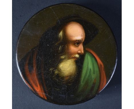 A 19th Century papier mache snuff box in the manner of Stobwasser. Depicts a hand painted half length portrait of a gentleman