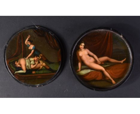A 19th Century Pornograohic Erotic papier mache snuff box base. Circular form with hand painted scenes depicting scenes of a 