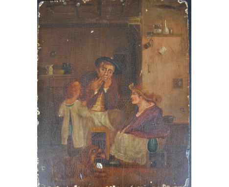 A 19th century oil on panel. Depicting a family scene, wife, child and dog watching and listening to father play a Jewish har
