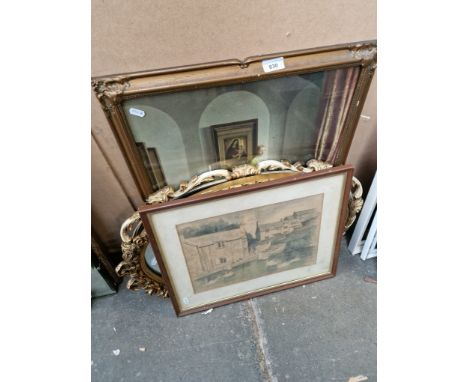 Two mirrors, a watercolour signed R Russell and a print. 