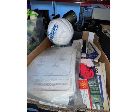 A box of sporting memorabilia to include signed Bolton Wanderers football 