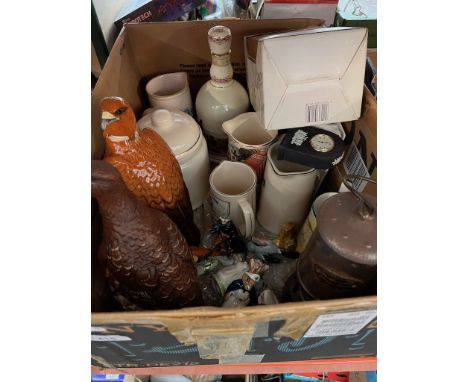 A mixed box of ceramics and collectables to include a Beswick decanter, a Royal Doulton decanter, a boxed Royal Doulton decan