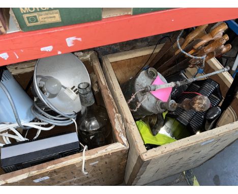 Two tea chests containing a 1 gallon empty bottle, various lamps, a Philips stereo cassette recorder / player with speakers, 