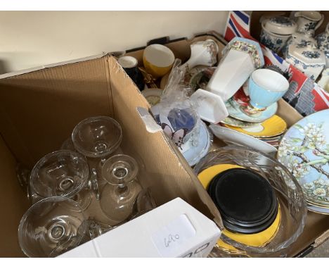A box of collectors plates including Gresban Flower Fairies and a box of champagne glasses 