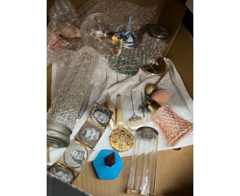 Bijouterie including perfume bottles, hatpins, hatpin jar, ring stand etc 
