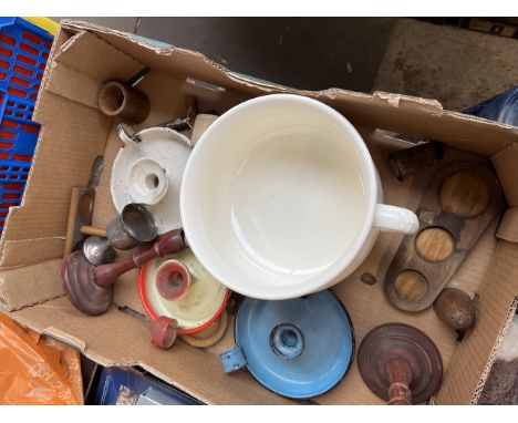 A box of various vintage candle holders to include enameled, chamber pot, etc. 
