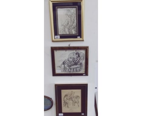 Brian Burgess (British, 20th century), three original sketches, a pen and ink self portrait dated 1997 and two pencil drawing