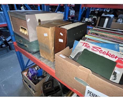 A vintage Studio by Collard turntable together with a Studio reel to reel player, a box of records, a case of LPs and a box o