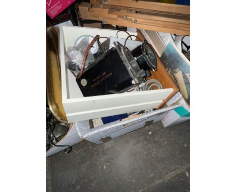 A box of aviation / military books - magazines and a drawer with a collection of various military items including a compass, 
