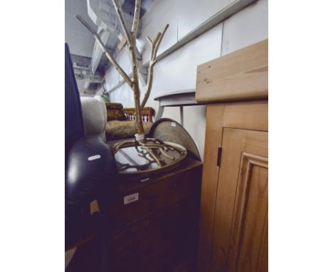 A mixed lot of furniture comprising cast brass and glass top table, a tin trunk, a white painted occasional table and an east