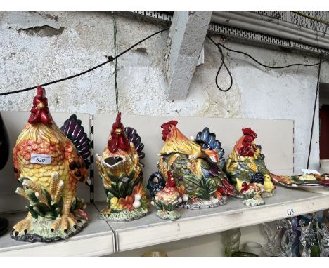 7 piueces of St Andrews Ceramics in the form of cockerels. 1 Tureen with ladle, 1 jug, 1 plate, 1 tureen also showing chicks,
