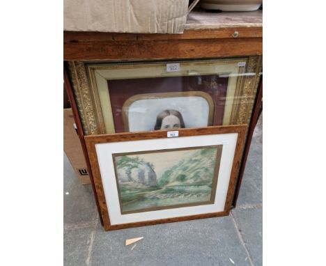 An early 20th century portrait depicting a woman, gilt window mount, glazed and framed, total 61cm x 72cm and a watercolour "