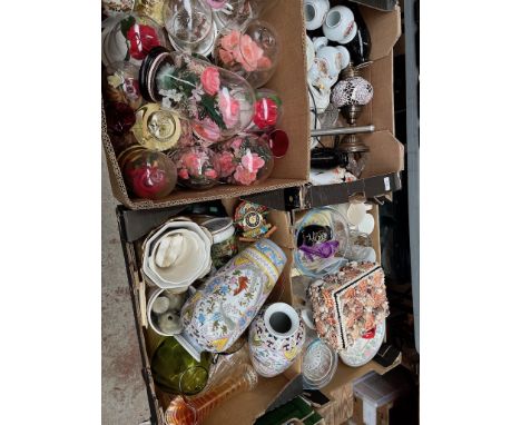 4 boxes of mixed ceramics and glass to include carnival glass, a pair of matching vases, a box of artificial flowers under do