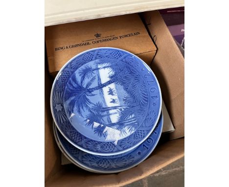 Box of Royal Copenhagen and Bing and Grondahl collectors plates 