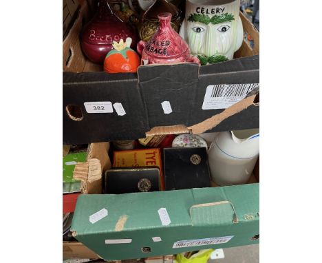Two boxes of ceramics, pottery, ornaments and collectables to include mushroom paperweight, Poole, preserve jars, etc.The Bee