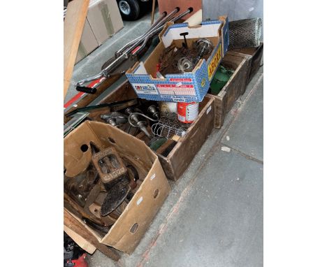 Four wooden crates, two boxes of various items including shove lasts, 14lb weight, metal ware, tools, spade, walking stick /s