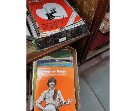 Two boxes of vintage music books and sheet music, banjo, piano etc. 