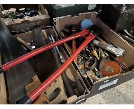 2 boxes of vintage tools to include large bolt cutters, saws, bench press, hand drills, spirit level, grips and pumps etc. 