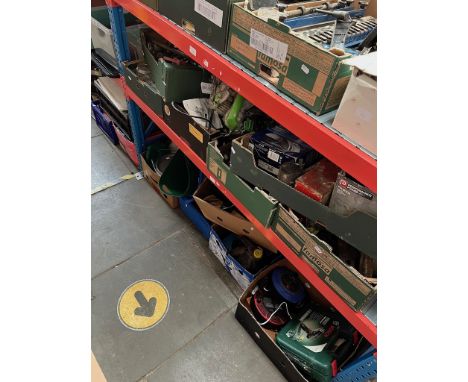 14 boxes of garage ware and tools etc including circular saw, sander, cable reels, cordless Bosch drill, buckets fence paint 