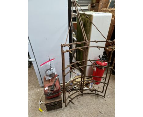 A vintage farming harrow, a 1 tonne jack, a vintage Valor petrol can, a Nu-Swift fire extinguisher, an old Thomas Milner &amp