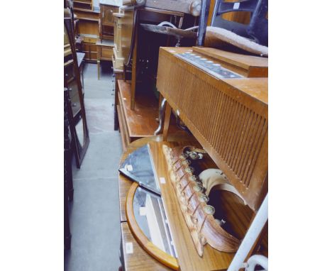 Various items of furniture; an oak bureau, vintage drop leaf table, two folding card tables, metal tripod table, side cabinet