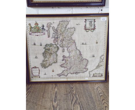 Jan Jannson, hand coloured map of Great Britain and Ireland, 1647, framed and glazed, 58.5cm x 48.5cm overall. 