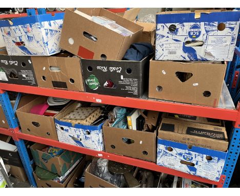 18 boxes of miscellaneous household items including pottery, cleaning items, half pint glasses (boxed), toys, sports wear, ki