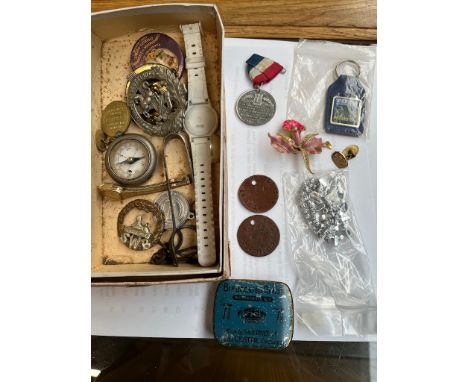 A small box of bric a brac to include watches, compass, dog tags, military insignia and coronation souvenirs etc 