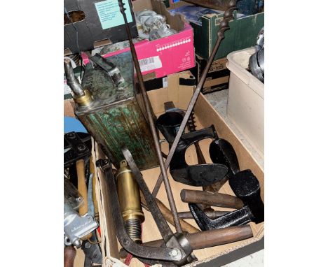 A box containing various sized augers, vintage footpump, small vice and a vintage Esso petrol can etc. 