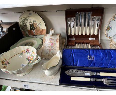 Small canteen of cutlery with boxed cake knife and fork, mixed ceramics including Doulton series ware, cheese plate and cover