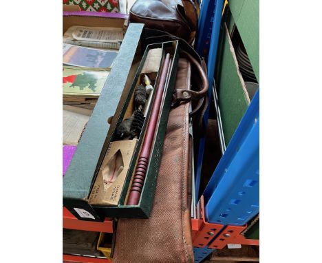 A vintage shotgun bag, leather cartridge bag and a dual shotgun cleaning kit (12 bore and 4 10). 